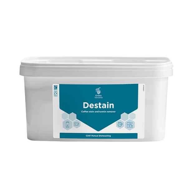 Evans Vanodine Destain 5kg powder with chlorine-releasing agent, removes tea and coffee tannin from crockery and urns, unperfumed and food-safe, supplied by Vertella Lancaster.