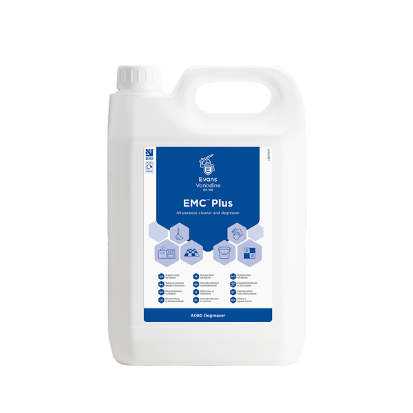Evans Vanodine E.M.C. Plus 5L heavy duty alkaline cleaner and degreaser, pH 12.5, unperfumed for food prep areas, approved for Altro and Polyflor flooring by Vertella Lancaster.
