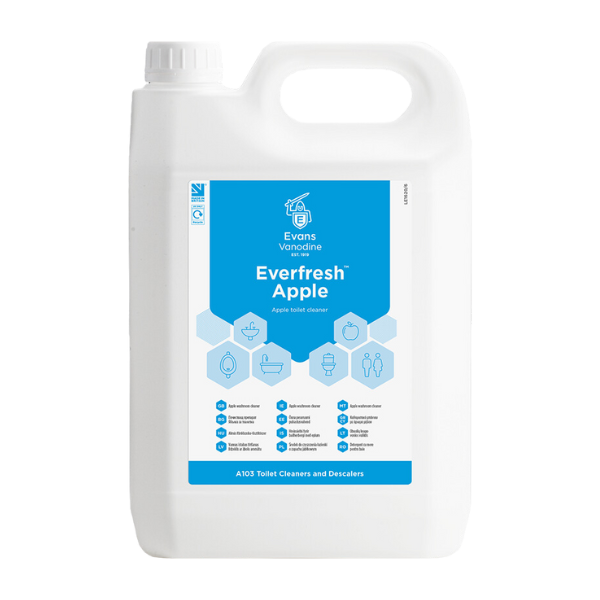 Evans Everfresh™ Apple 5ltr: High-perfume neutral cleaner for daily washroom use. Thickened formula for vertical cling. ISO 14001 GreenTick rated at Vertella.