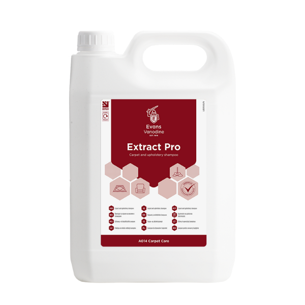 Evans Vanodine Extract Pro 5L carpet and upholstery shampoo, low foam formula for extraction machines, pH 8.5 with anti-soiling protection and floral perfume, GreenTick rated for low environmental impact, supplied by Vertella Lancaster.