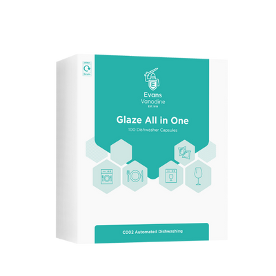 Evans Vanodine Glaze All in One 120 pack dishwasher tablets with built-in rinse aid and glass protection, phosphate-free and ISO 14001 compliant by Vertella Lancaster.