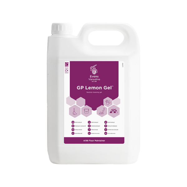 Evans Vanodine GP Lemon Gel 5L neutral multi-purpose cleaner, fluorescent yellow viscous liquid with fresh lemon fragrance, pH 8.0 safe for marble, vinyl and wood, provides high-gloss finish when burnished, supplied by Vertella Lancaster.