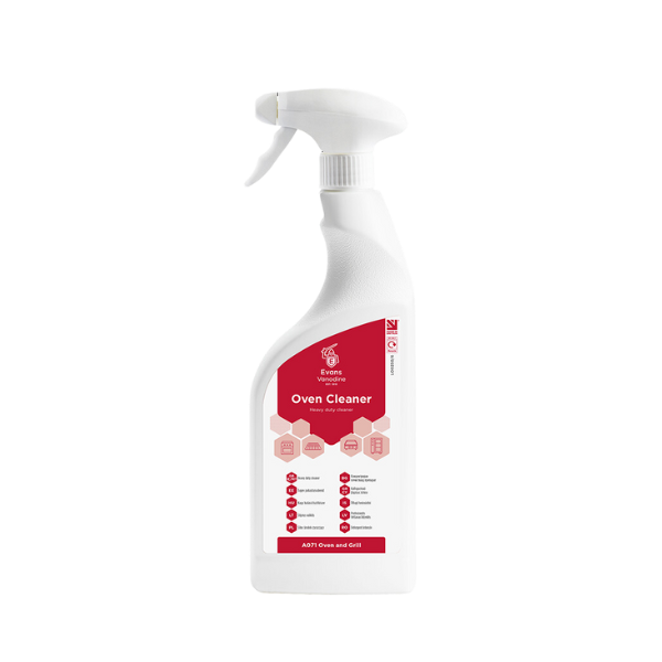 Evans Vanodine heavy duty oven cleaner 750ml, pH 13.8 foaming formula for baked-on grease and carbon, low-odour and unperfumed, ISO 9001 quality assured by Vertella.