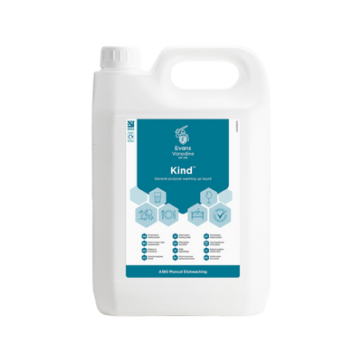 Evans Vanodine Kind 5L general purpose washing up liquid, pH 7.0 neutral, GreenTick low environmental impact rated, suitable for catering and vehicle cleaning, supplied by Vertella Lancaster.