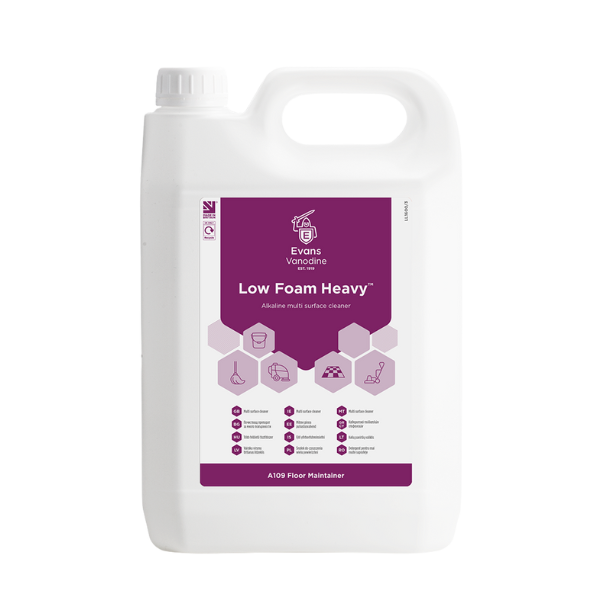 Evans Vanodine Low Foam Heavy 5L alkaline multi surface cleaner, clear blue liquid with pH 12.8, removes heavy grease and soil in one pass, unperfumed for food preparation and warehouse floors, supplied by Vertella Lancaster.