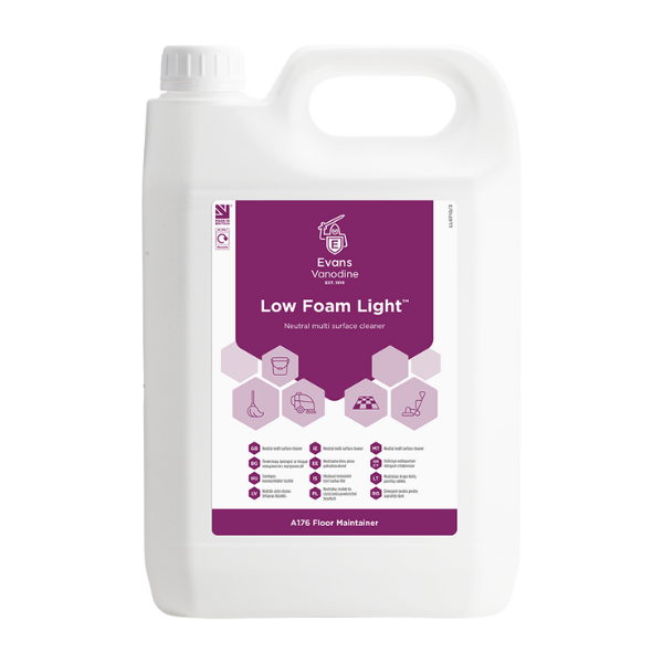 Evans Vanodine Low Foam Light 5L neutral multi surface cleaner for scrubber dryers, unperfumed blue liquid, pH 7.5 for marble and polished floors, food safe for supermarkets and airports, supplied by Vertella Lancaster.