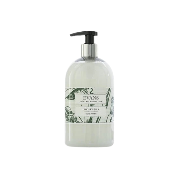 Evans Vanodine Luxury Silk 500ml enriched hand, hair and body wash, pearlised white viscous liquid with floral fragrance and extra moisturiser, neutral pH 7.0, supplied by Vertella Lancaster.