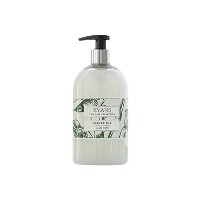 Evans Vanodine Luxury Silk 500ml enriched hand, hair and body wash, pearlised white viscous liquid with floral fragrance and extra moisturiser, neutral pH 7.0, supplied by Vertella Lancaster.