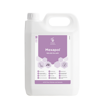 Evans Vanodine Mexapol 5L high-solids floor polish, opaque white metallised emulsion, pH 8.5, dries to a slip-resistant high-gloss finish, Polyflor approved for heavy traffic areas, supplied by Vertella Lancaster.