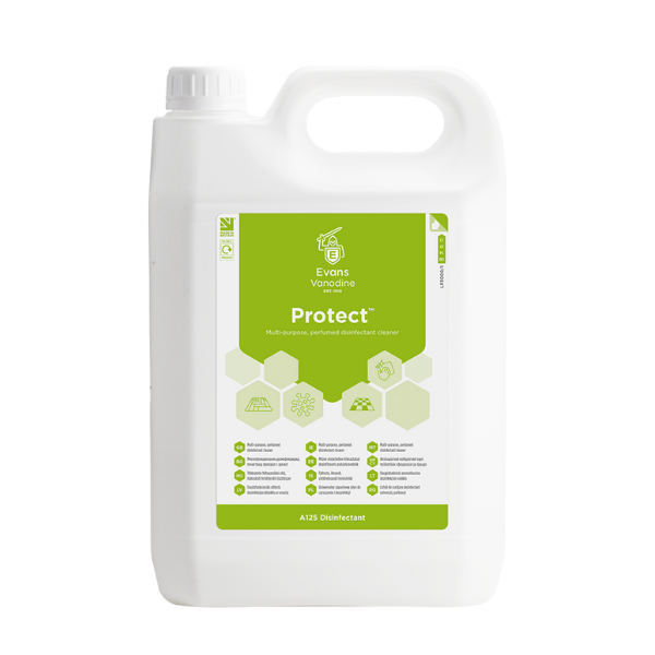 Evans Vanodine Protect 5ltr concentrated virucidal disinfectant cleaner, EN 14476 and EN 16777 compliant for schools and healthcare, ISO 9001 certified by Vertella Lancaster.