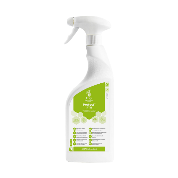 Evans Vanodine Protect 750ml new formulation disinfectant cleaner, virucidal EN 14476 and EN 16777 compliant for healthcare and school hygiene by Vertella.