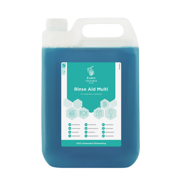 Evans Vanodine Rinse Aid Multi 5ltr for automatic dish and glasswashing machines, streak-free drying, beer head retention safe, ISO 9001 certified by Vertella Lancaster.