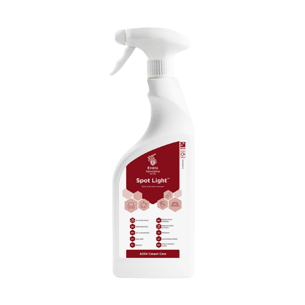 Evans Vanodine Spot Light 750ml trigger spray, foaming spot and stain remover for carpets and upholstery, removes oil, grease, tea, coffee and felt tip pen, pH 8.5 for colourfast fabrics, supplied by Vertella Lancaster.