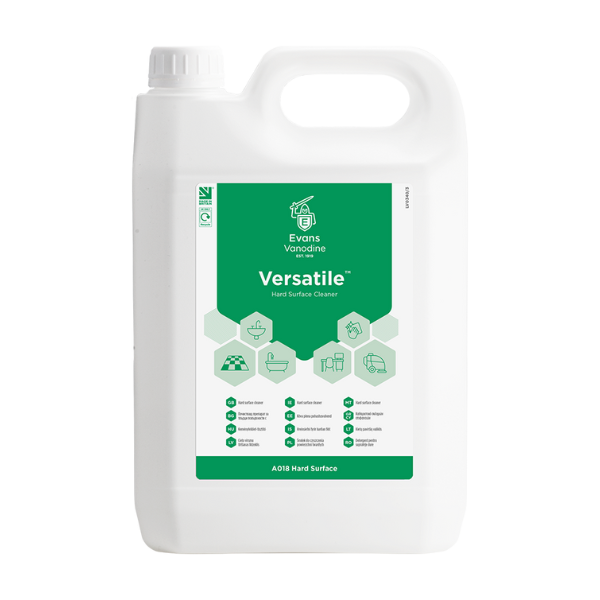 Evans Vanodine Versatile 5ltr neutral hard surface cleaner for professional floor and wall maintenance, CHSA approved supply by Vertella Lancaster.