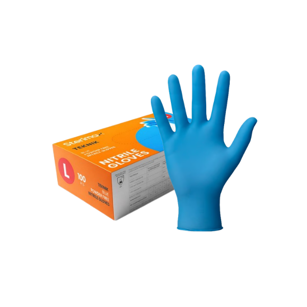 Teknik Blue Nitrile Powder-Free Gloves Large Box of 100 Disposable Medical Grade Gloves