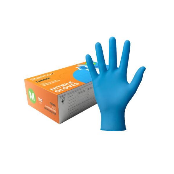 Teknik blue nitrile powder-free gloves medium box of 100 disposable gloves for hygiene and industrial use