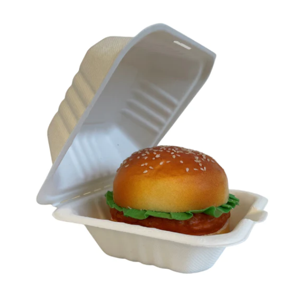 6 inch white bagasse hinged burger boxes, compostable sugarcane fiber takeaway containers, breathable and grease resistant, 15cm square eco-friendly food packaging, pack of 500, supplied by Vertella Lancaster.
