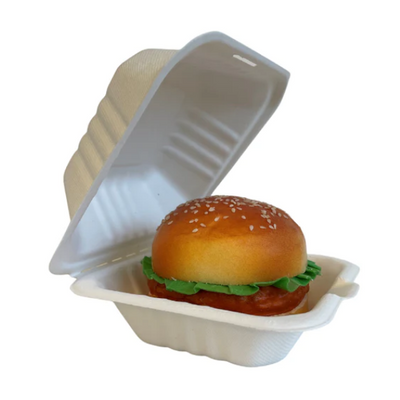 6 inch white bagasse hinged burger boxes, compostable sugarcane fiber takeaway containers, breathable and grease resistant, 15cm square eco-friendly food packaging, pack of 500, supplied by Vertella Lancaster.