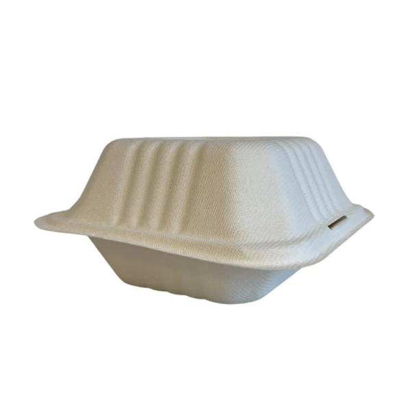 6 inch white bagasse hinged burger boxes, compostable sugarcane fiber takeaway containers, breathable and grease resistant, 15cm square eco-friendly food packaging, pack of 500, supplied by Vertella Lancaster.