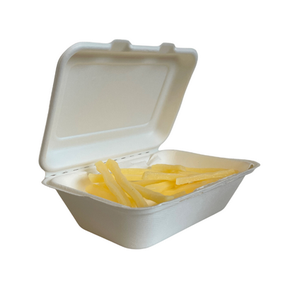 7 x 5 inch white bagasse hinged food boxes, 18cm x 13cm compostable sugarcane fiber containers, small clamshell for sides and snacks, breathable and grease resistant, pack of 500, supplied by Vertella Lancaster.