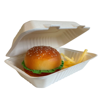 9 x 6 inch large bagasse hinged meal boxes, white compostable sugarcane fiber food containers, 23cm x 15cm x 7.5cm, breathable and oil-resistant clamshell for hot takeaway meals, pack of 250, supplied by Vertella Lancaster.