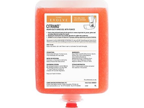 Evans Vanodine Citrand 1L heavy duty hand gel cartridges, pack of 6, solvent-free with natural olive seed exfoliant and glycerine, neutral pH 7.0 for industrial skin care, supplied by Vertella Lancaster.