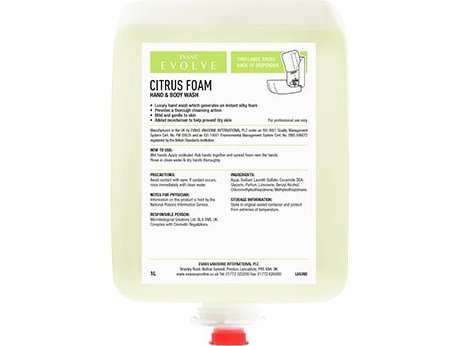 Evans Vanodine Citrus Foam 1L luxury hand and body wash cartridges, invigorating fruity fragrance with added moisturiser, neutral pH 7.0, over 1,600 doses per cartridge, supplied by Vertella Lancaster.