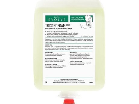Evans Vanodine Trigon Foam Plus 1L bactericidal foam hand wash cartridges, pack of 6, kills 99.999% of bacteria, passes EN 1499, EN 13727 and EN 1276, produces 1,600+ pumps per cartridge, supplied by Vertella Lancaster.