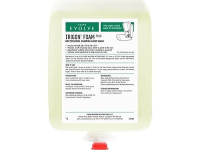 Evans Vanodine Trigon Foam Plus 1L bactericidal foam hand wash cartridges, pack of 6, kills 99.999% of bacteria, passes EN 1499, EN 13727 and EN 1276, produces 1,600+ pumps per cartridge, supplied by Vertella Lancaster.