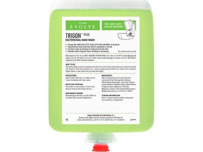 Evans Vanodine Trigon Plus 1L bactericidal hand wash cartridges, pack of 6, kills 99.999% of bacteria, passes EN 1499, EN 1276 and EN 13727, unperfumed and food safe, supplied by Vertella Lancaster.