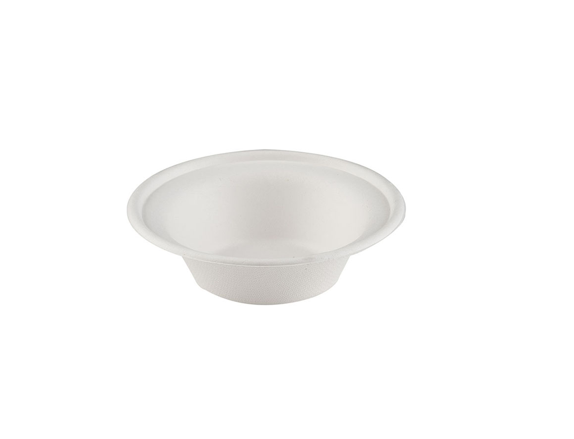 12oz white bagasse round bowls, 350ml compostable sugarcane fiber containers, leak-proof and microwave safe, rigid eco-friendly bowls for hot soup and cold desserts, pack of 500, supplied by Vertella Lancaster.