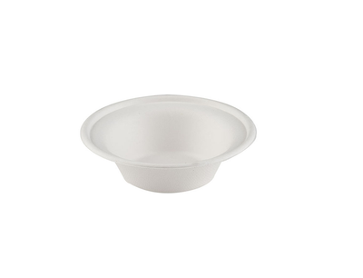 12oz white bagasse round bowls, 350ml compostable sugarcane fiber containers, leak-proof and microwave safe, rigid eco-friendly bowls for hot soup and cold desserts, pack of 500, supplied by Vertella Lancaster.